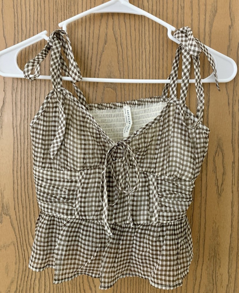 American Eagle Tank Top XS Brown and White Plaid Lightweight Boho Vibes