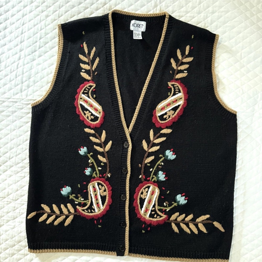 Vintage Koret Womens Embroidered Black Knit Vest Floral Paisley Sz L Boho 90s