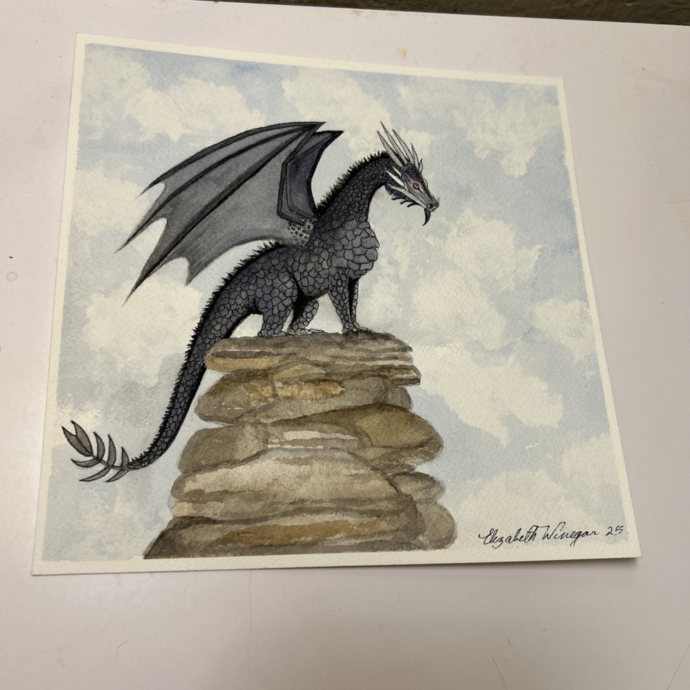 9x9 Inches Original Watercolor Painting Dragon Artist Elizabeth Winegar Signed .