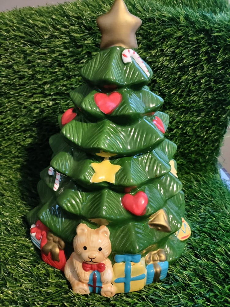 QVC Vintage Cookie Jar Christmas Tree Ceramic Tabletop 11” Tall With Box