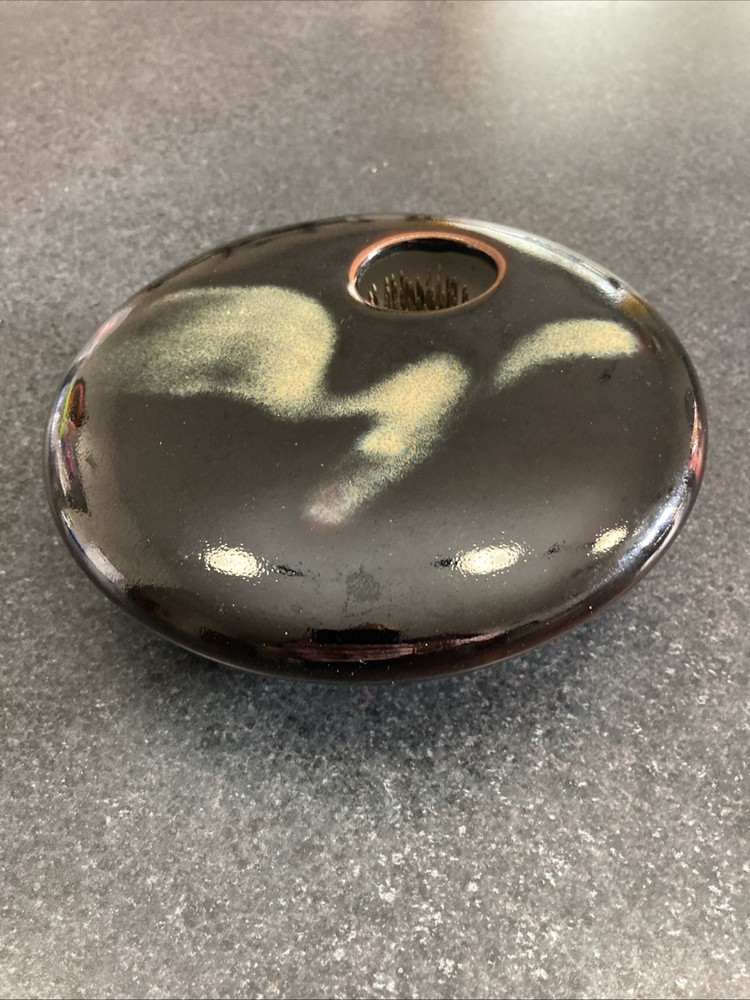 Georgetown Pottery Ikebana Vase with Metal Flower Frog Signed Black w Specks