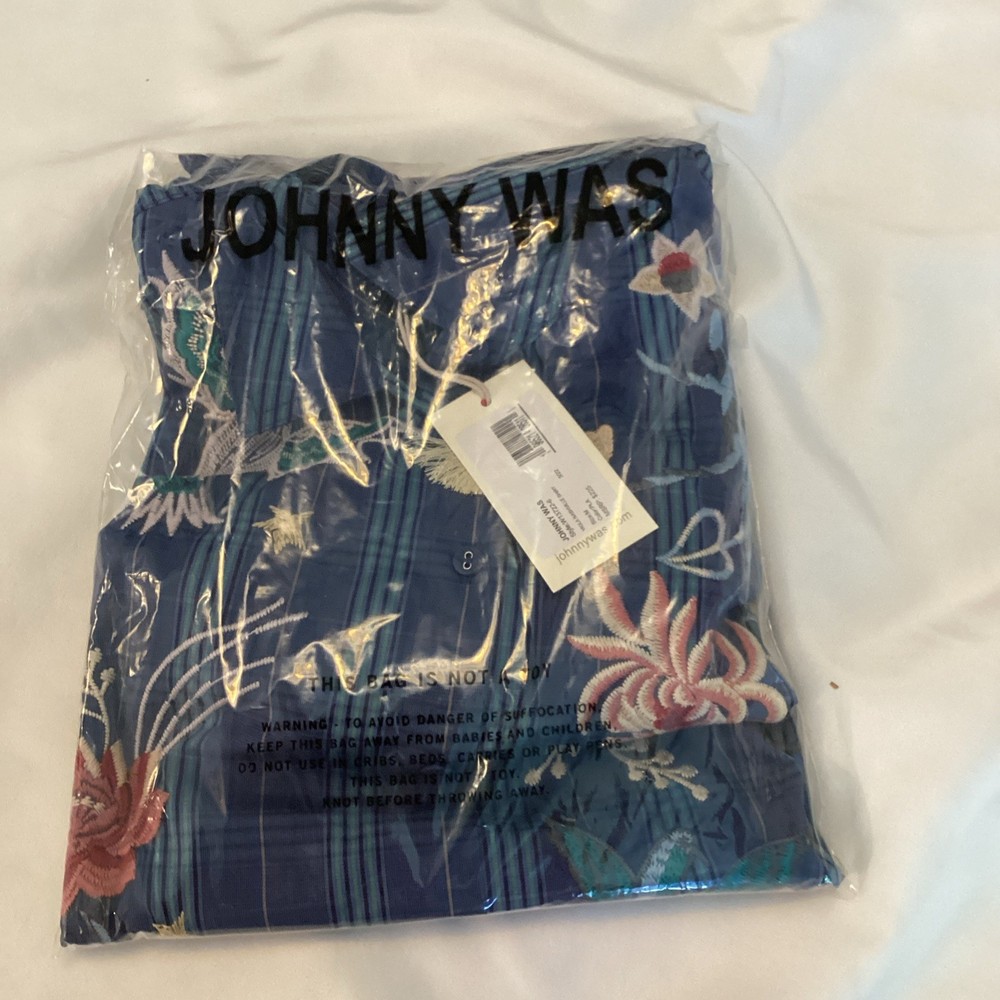 Johnny Was Workshop Blue Viola Nashville Top Shirt Button Embroidered M 3J NWT