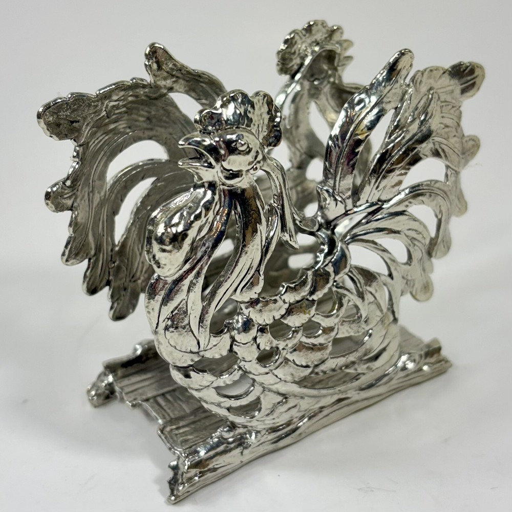 Vintage SilverTone Metal Rustic Farmhouse Rooster Napkin/Bill/Letter Holder 2003