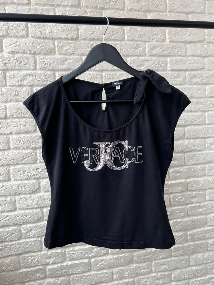 Versace Black Big JC Logo Cropped Vintage Top Shirt Women's Size M