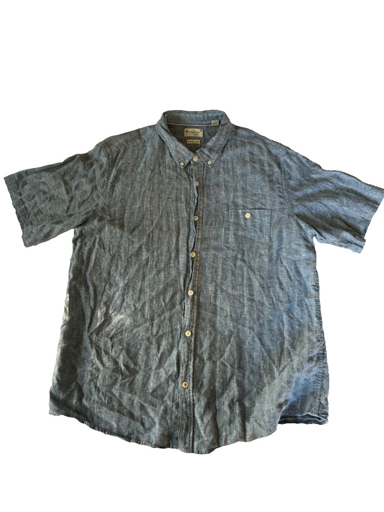 Weatherproof Vintage Men's XXL Blue Washable Linen Button Up Shirt Short Sleeve