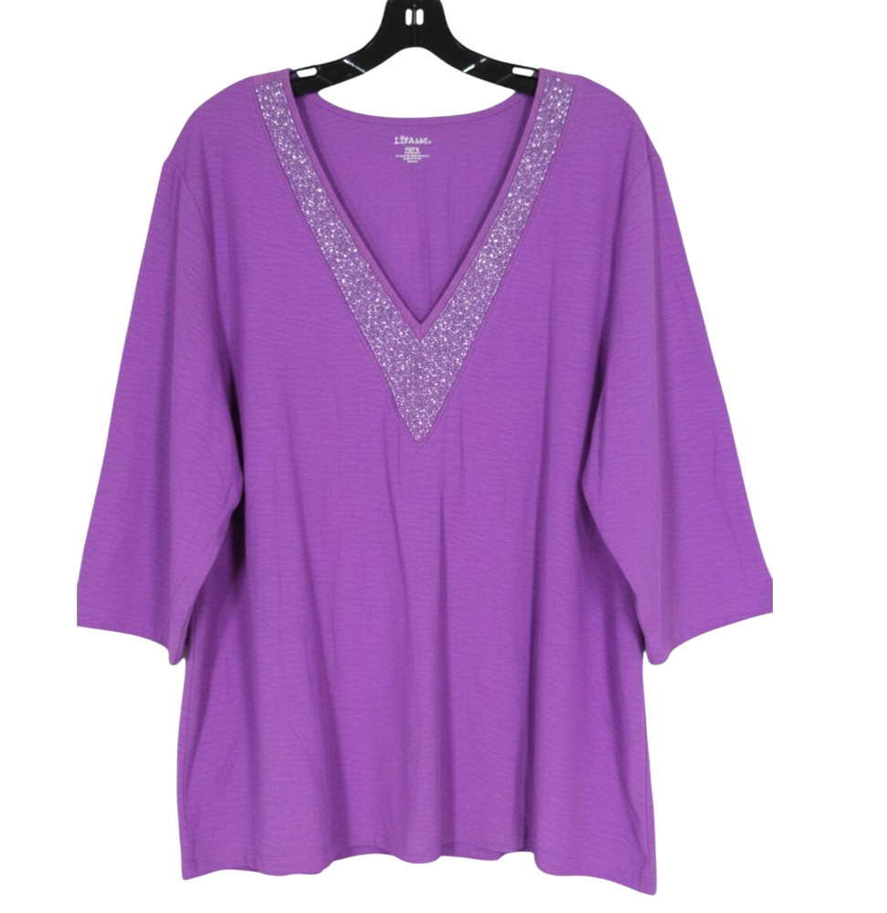 LIZ & ME Purple SLUB KNIT Beaded Embellished V-NECK 3/4 Sleeves BLOUSE/TOP Sz 2X