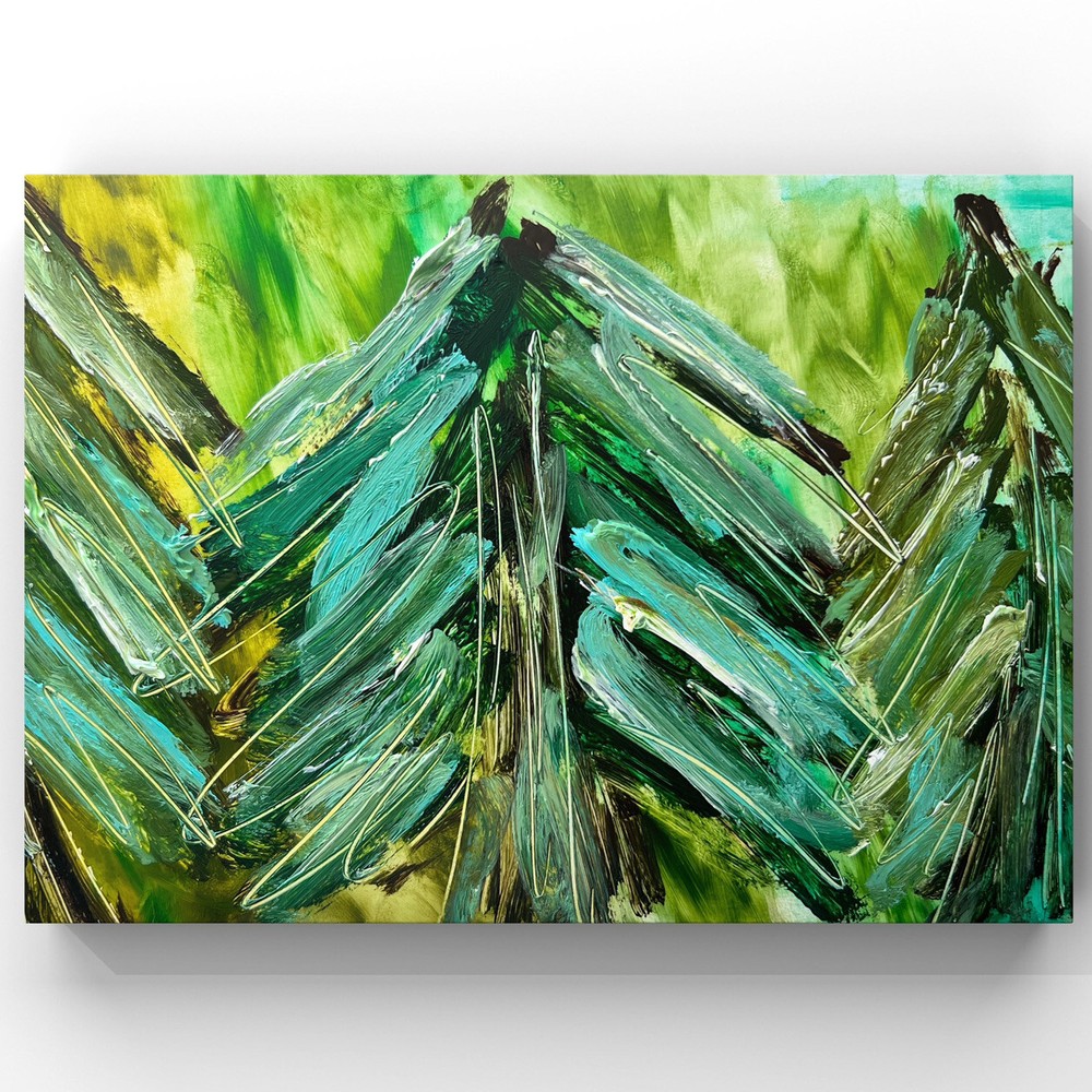 Stunning Emerald Green Pine Trees Abstract Winter Landscape Oil Painting Artwork