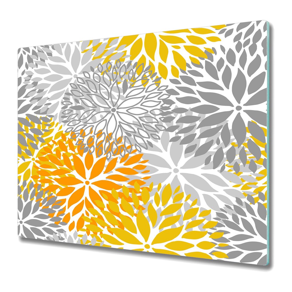 Glass Worktop Saver Kitchen Chrysanthemum Flowers Soft Floral Yellow & Gray