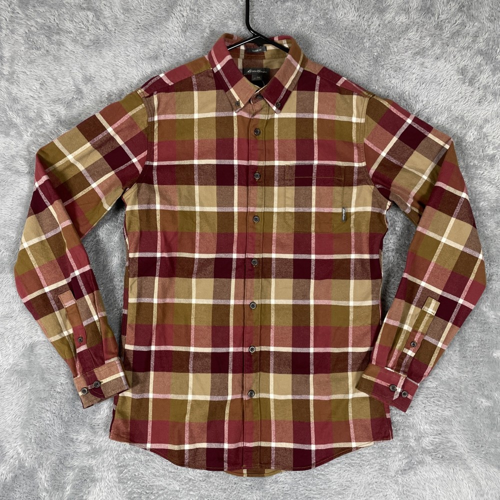 Eddie Bauer Mens TM Red Brown Plaid Classic Fit Long Sleeve Flannel Shirt