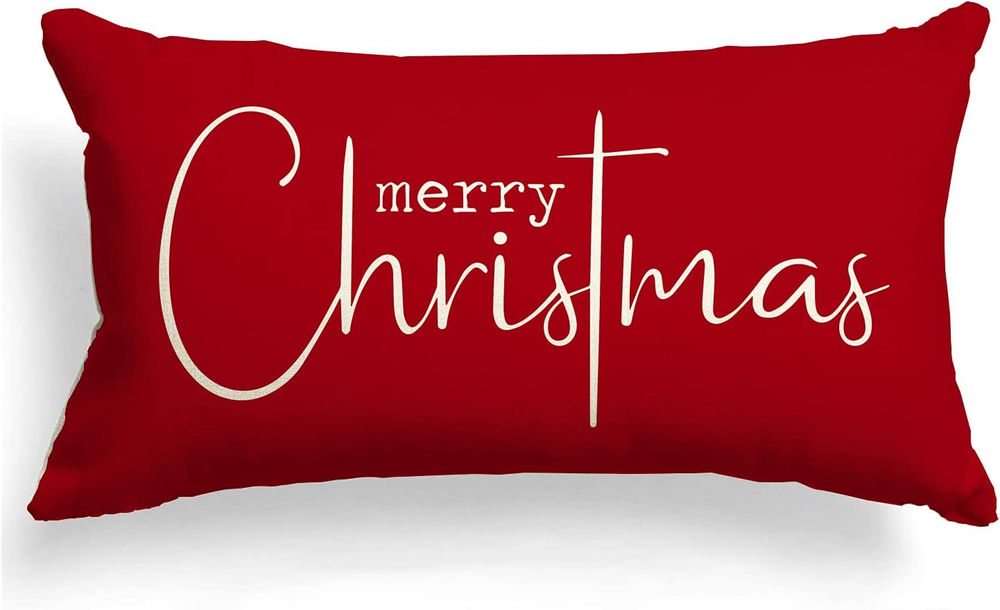 Merry Christmas Red Cotton Linen Pillow Cover 12x20 Sofa Accent-image
