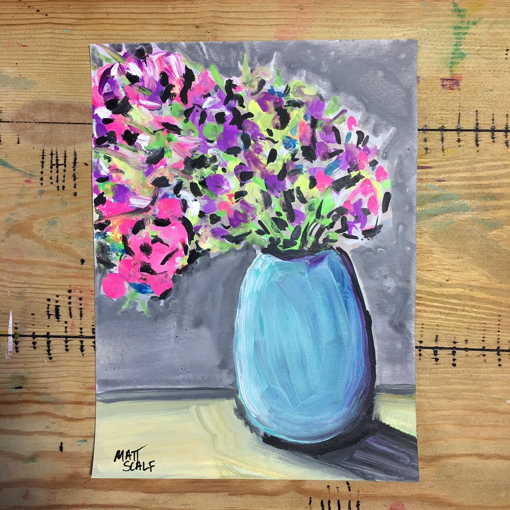 Matt Scalf 9x12 Flowers Floral Vase Abstract Neon Collectible Modern Home Decor
