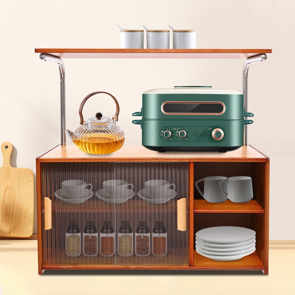 Sliding Glass Door Storage Cabinet Pantry Organizer with Microwave Stand for Kitchen