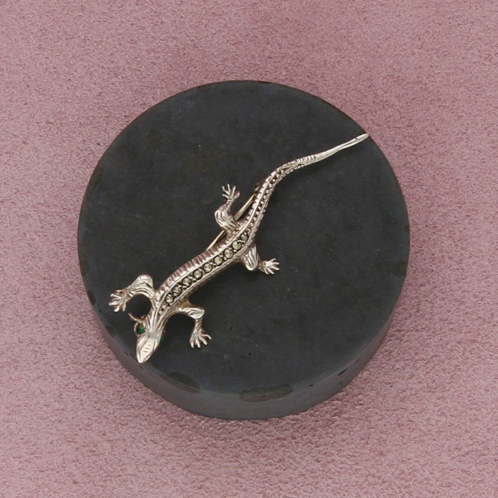 sterling silver vintage marcasite green eyed lizard pin brooch