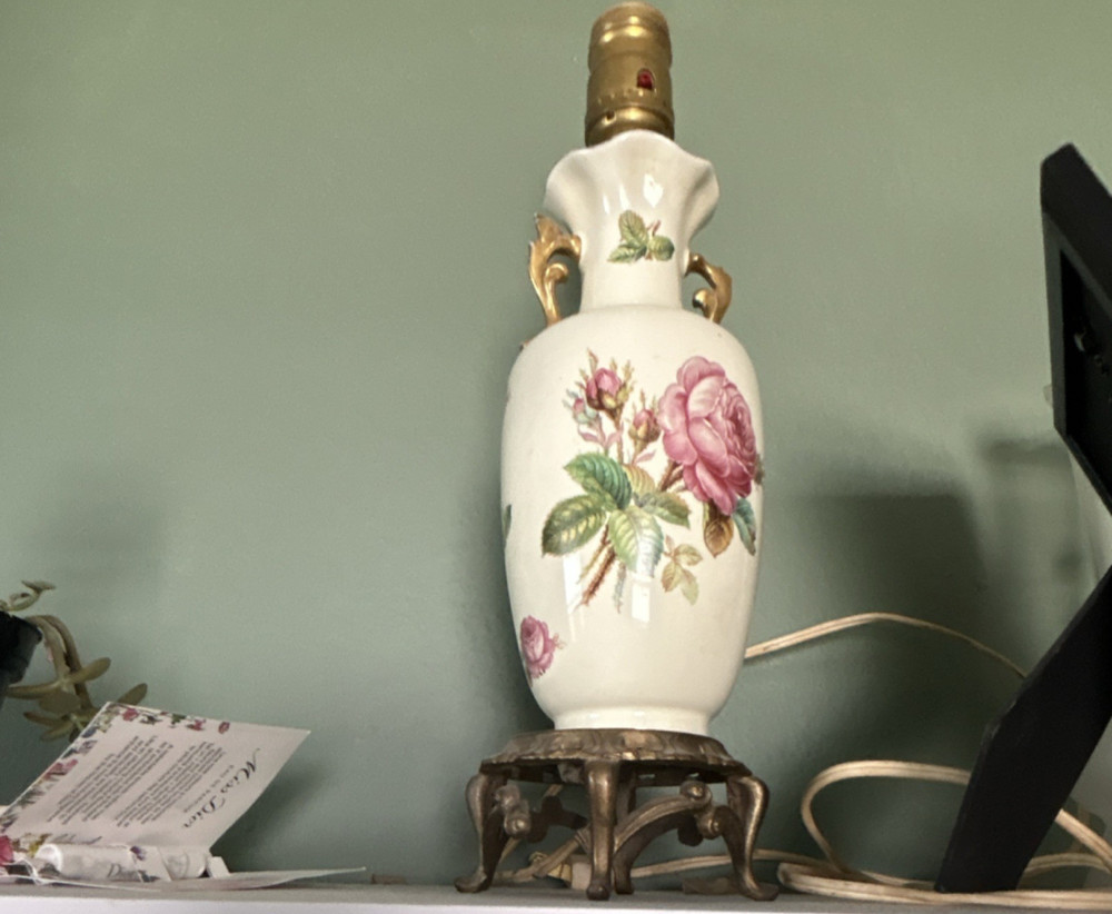 Vintage Floral Ceramic Table Lamp White Pink Green Gold Painted Floral Metal