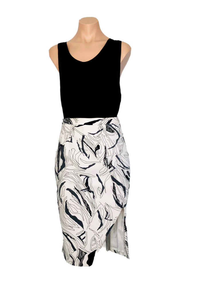 Kookai Black White Abstract Midi Pencil Skirt with Side Slit Size 36 AU 8-image