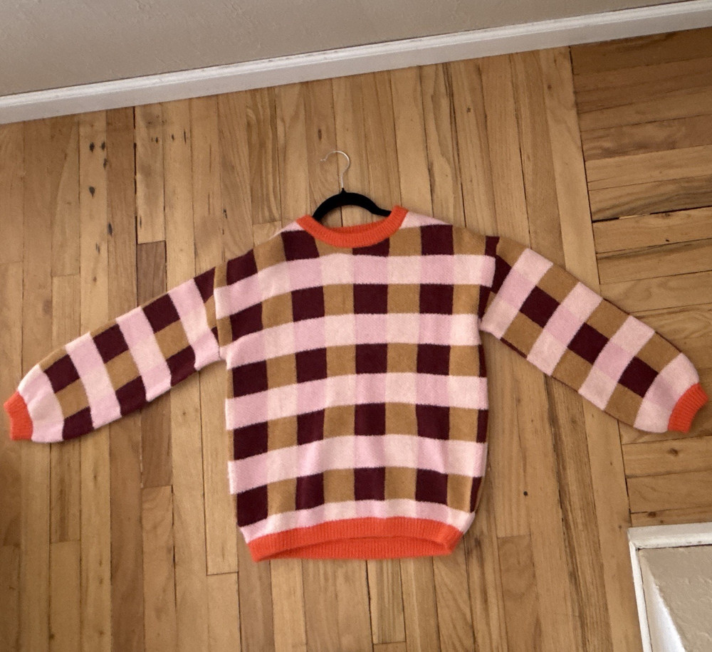 FRNCH Women's S Check Knit Crew Neck Long Sleeve Pullover Sweater, Orange