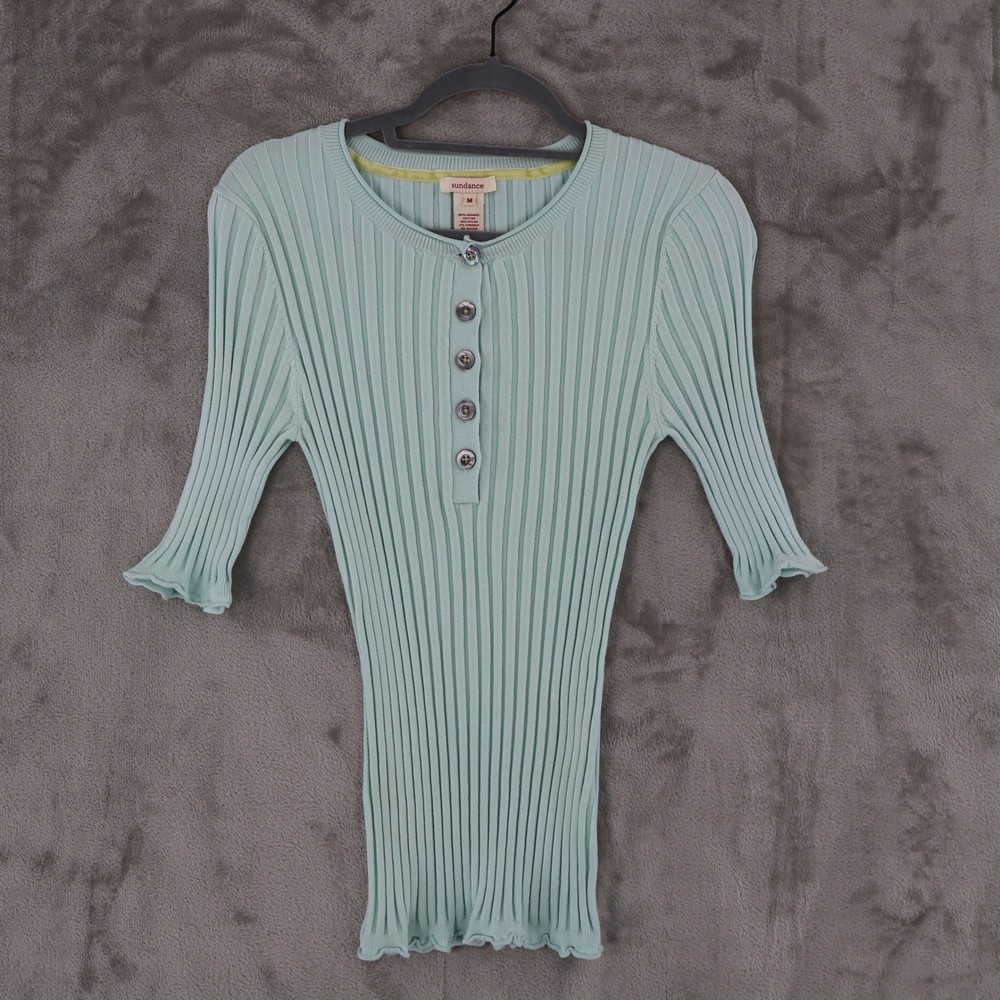 Sundance Ribbed Henley Top Womens M Blue Organic Cotton Lettuce Trim Y2K Style