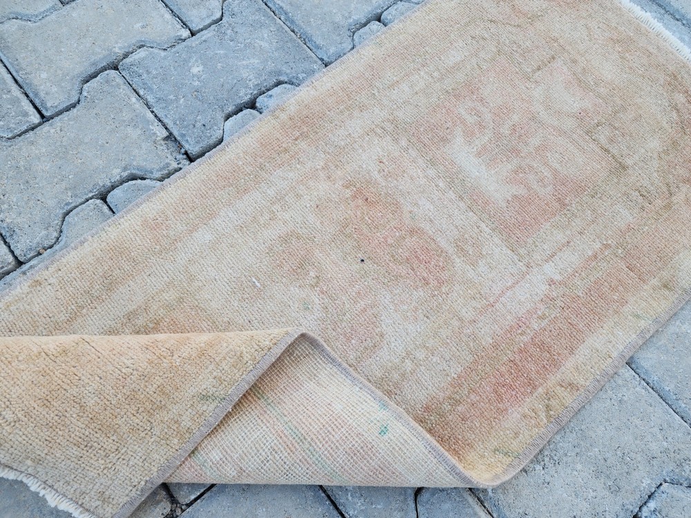 Mini Turkish Wool Prayer Rug 1.5x3.4 ft Faded Beige Peach Runner