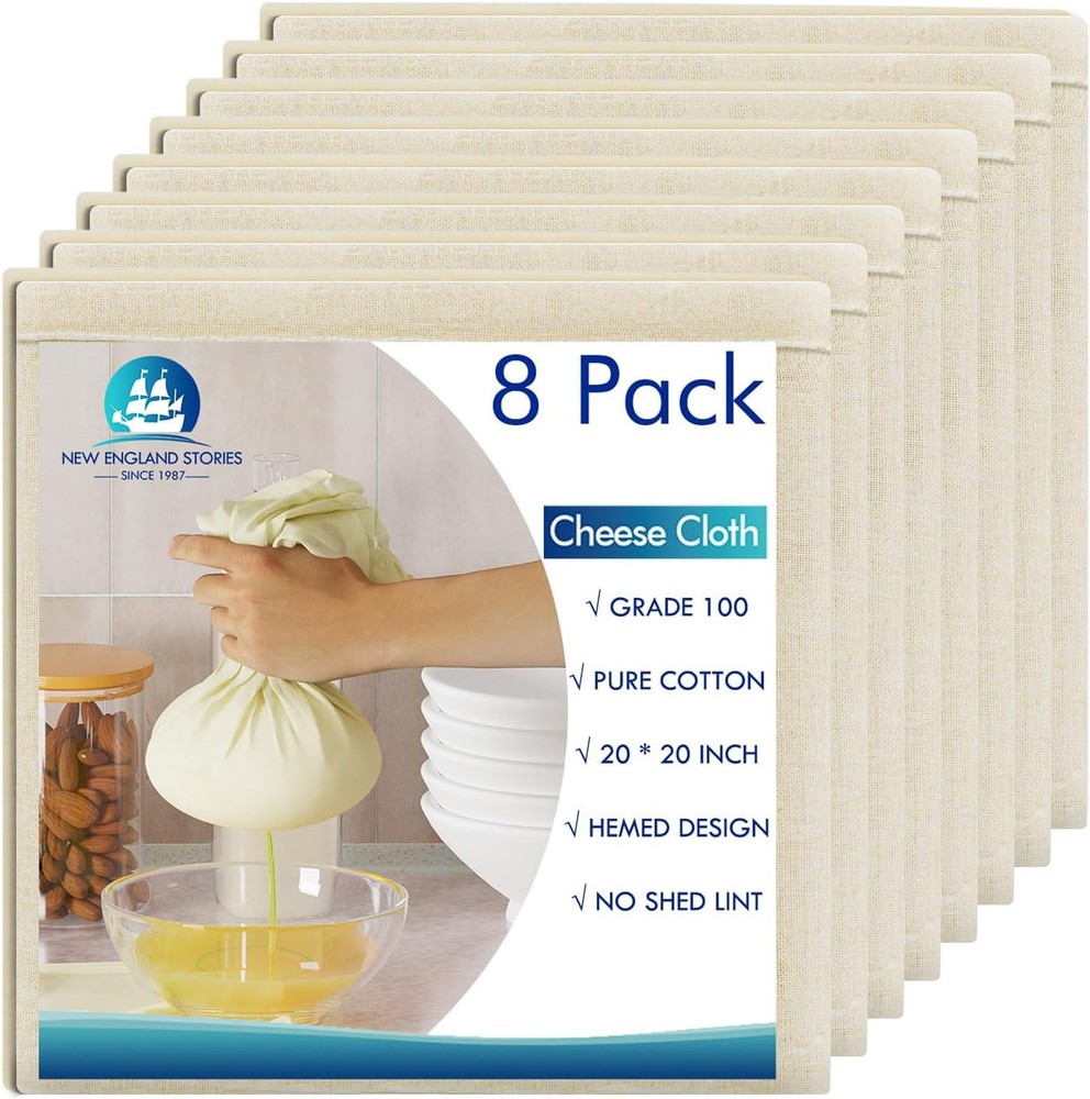 8 PCS Reusable Cheesecloth Grade 100 20x20 Inch Hemmed Cheese Cloth Straining