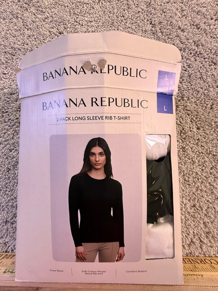 NWOT Banana Republic Women’s Long Sleeve Rib T-Shirt Size Large 2 White 1 Black