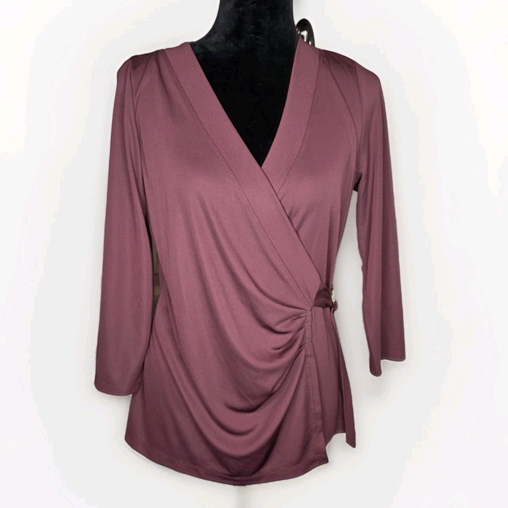 Lauren Ralph Lauren Stretch Jersey Surplice V-Neck 3/4 Sleeve Front Wrap Top Lg