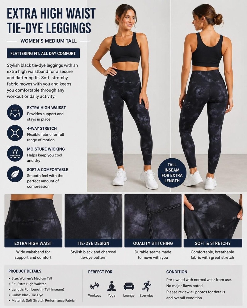 Black Tie-Dye Extra High Waisted Leggings – Women’s Medium Tall