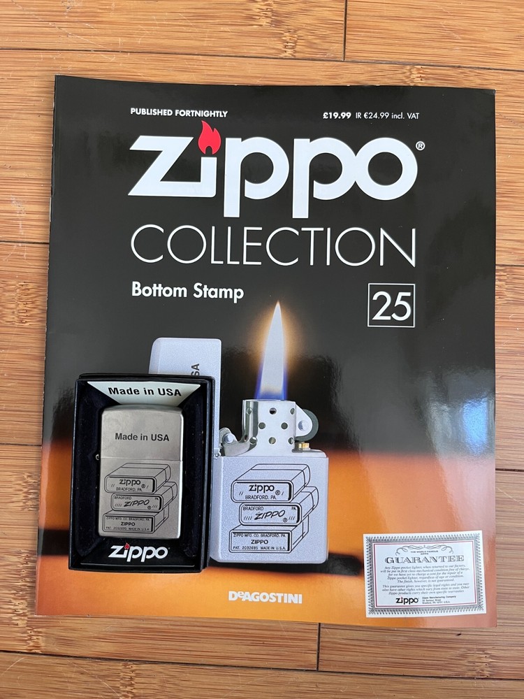NEW DEAGOSTINI ZIPPO WINDPROOF LIGHTER COLLECTION ISSUE 25 BOTTOM STAMP & MAG