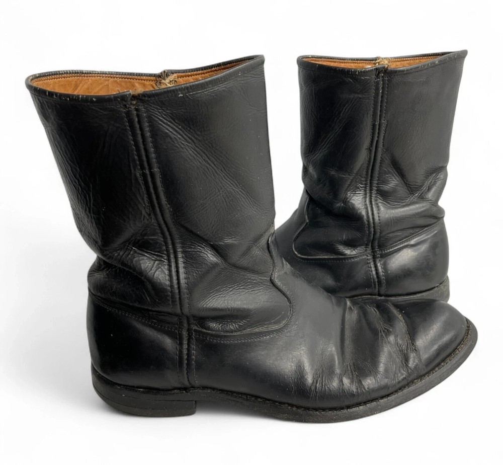 Justin Black Leather Roper Biker Western Boots Men's Size 11 D