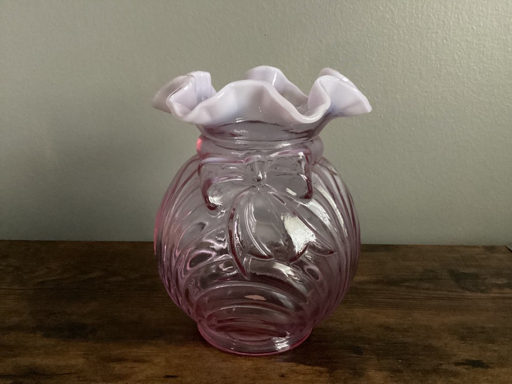 Fenton Art Glass Vase Light Purple Opalescent, Draped with Ruffled Top & Bow