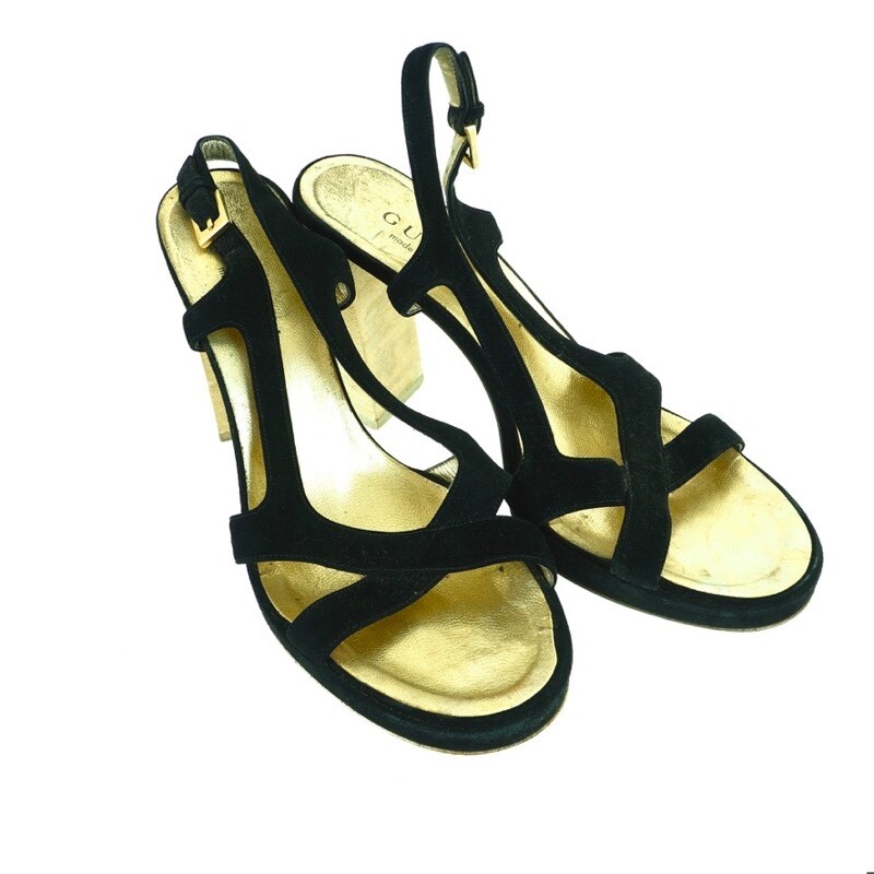 Vintage Gucci Size 37 Women's Suede Sandals Gold Black  Shoes.