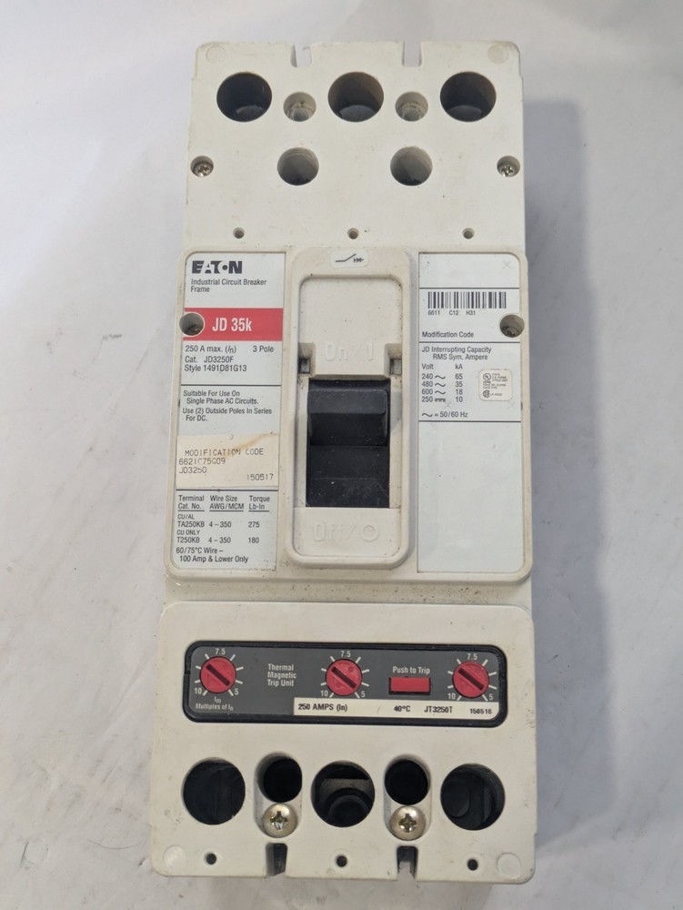 Eaton JD3250F Circuit Breaker Frame JD 35k 3 Pole 250A 600V w/ JT3250T Trip Unit