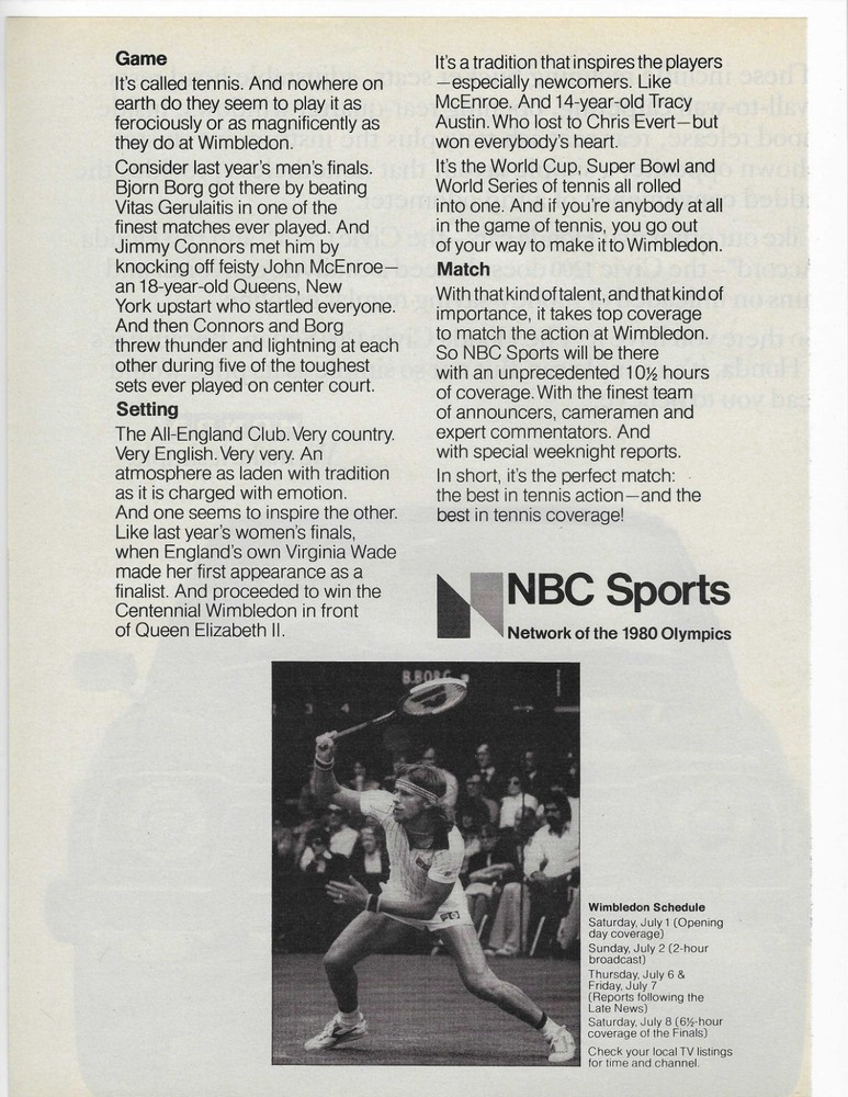 Tennis Bjorn Borg   Nbc Sports  Original Print Ad