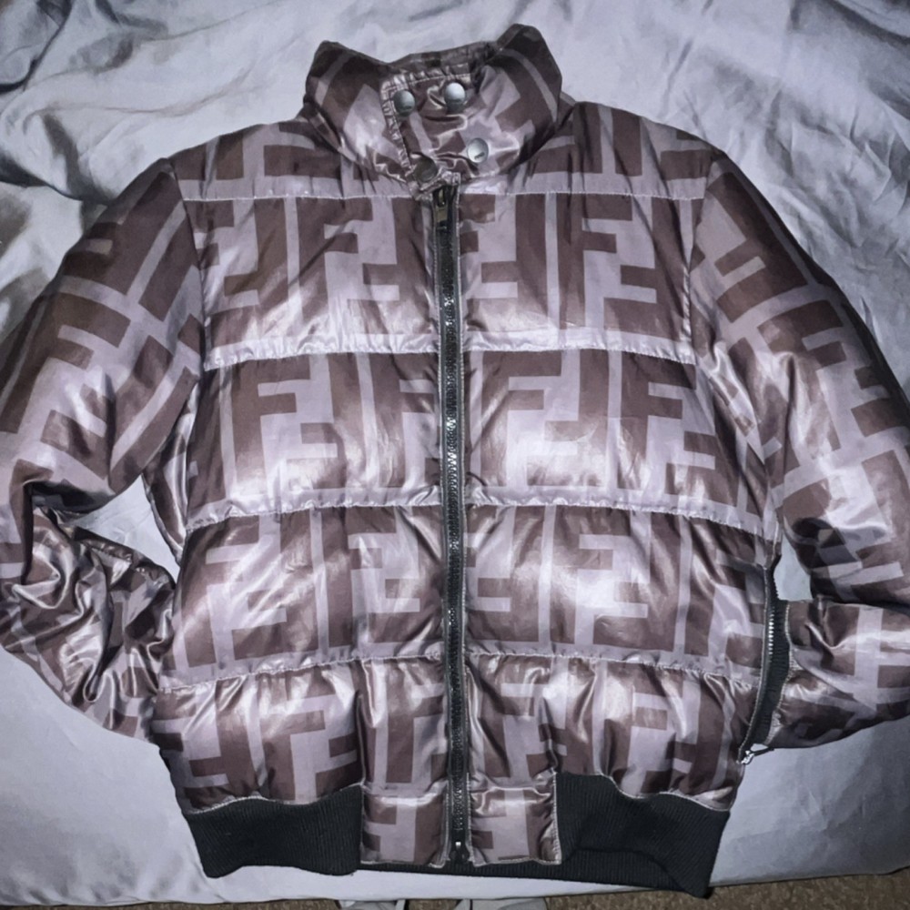 Fendi Logo Monogram Brown Beige Puffer Jacket Men's Zip Designer
