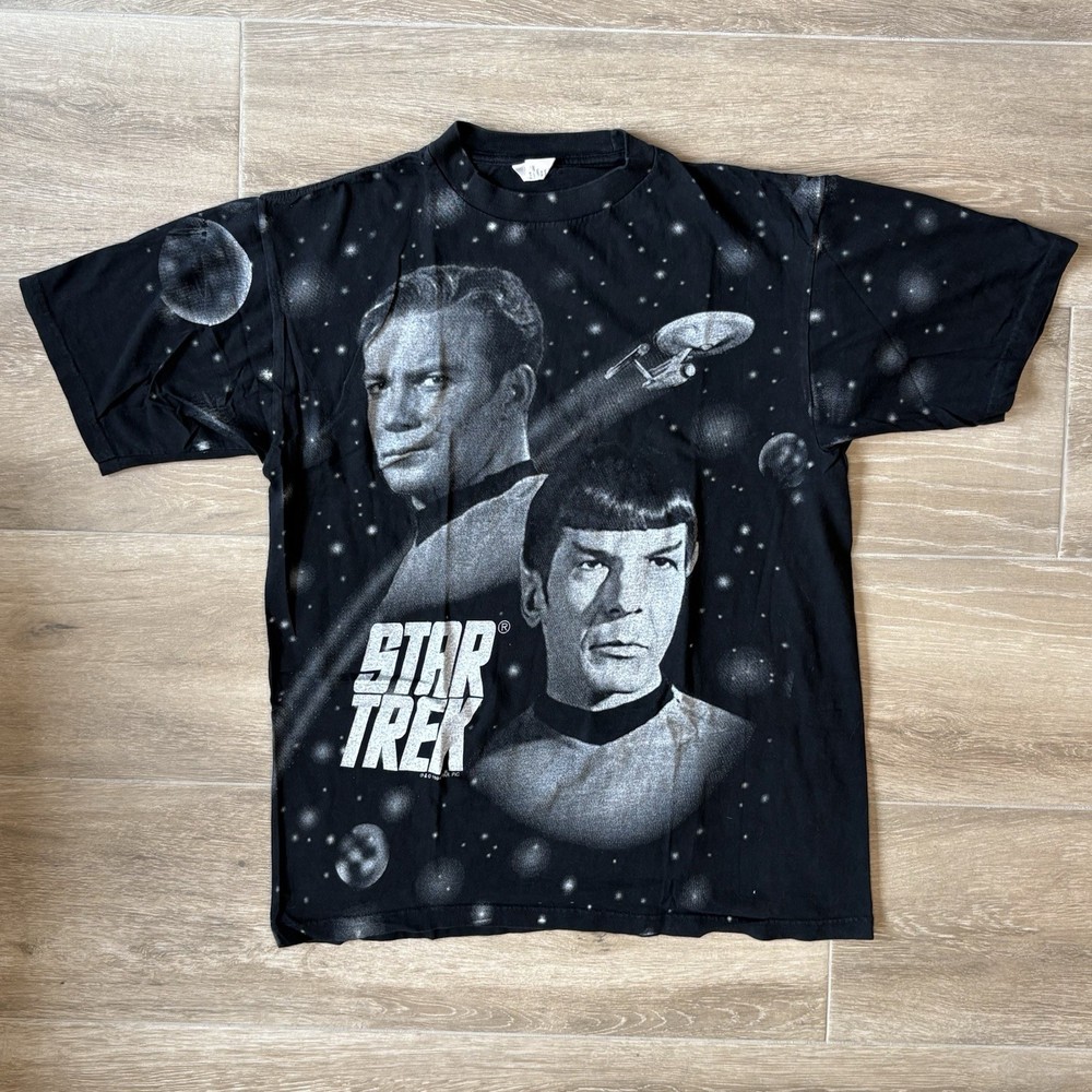 Vintage 90s 1994 Star Trek TV Show Captain Kirk Spock AOP Shirt Men’s XL