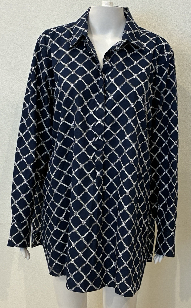 Lands End Womens Plus 24W 1/2 Button Tunic Navy Nautical Office Preppy Classic
