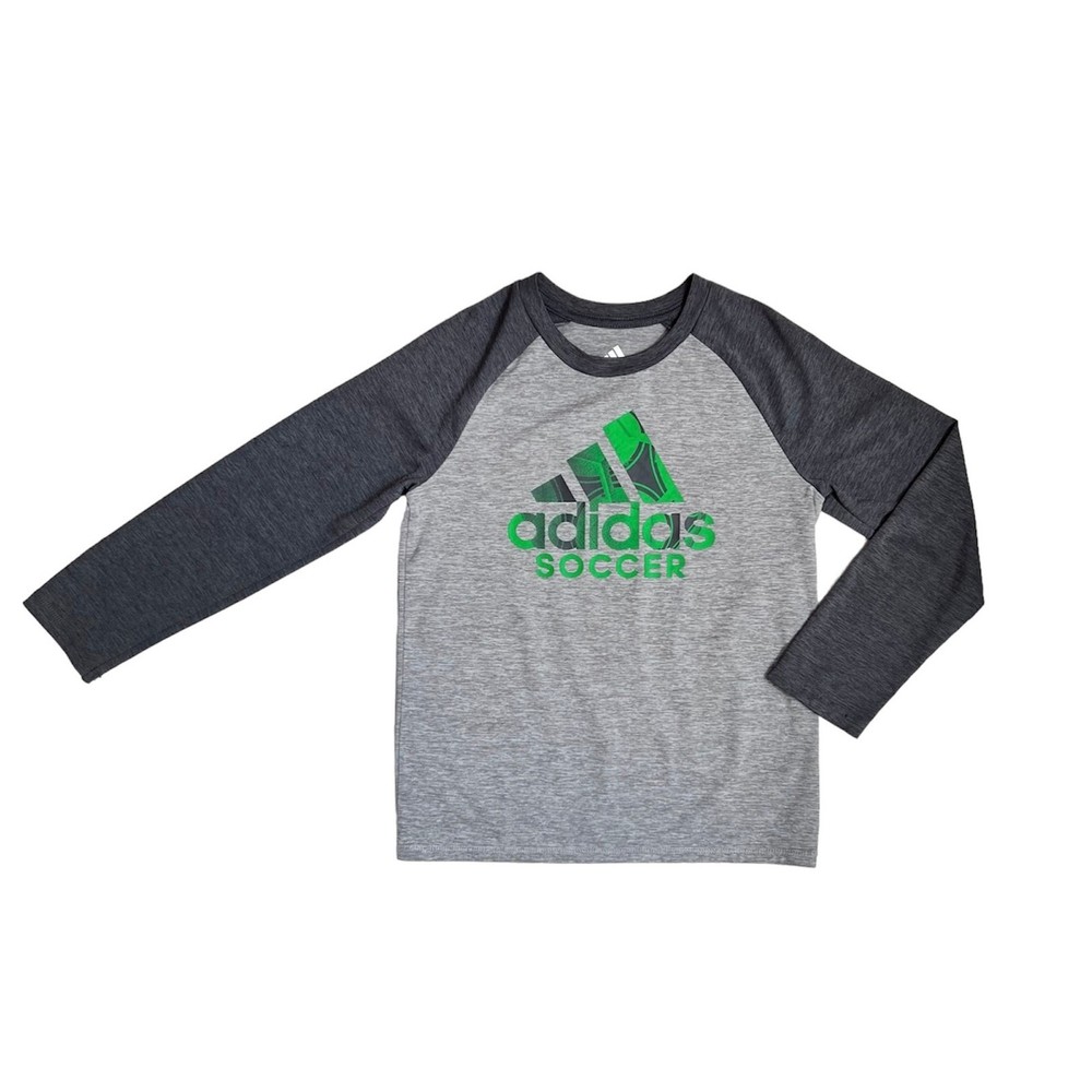 Adidas Boys Shirt Long Sleeve Raglan Size 7 Gray Black Soccer Graphic Climalite