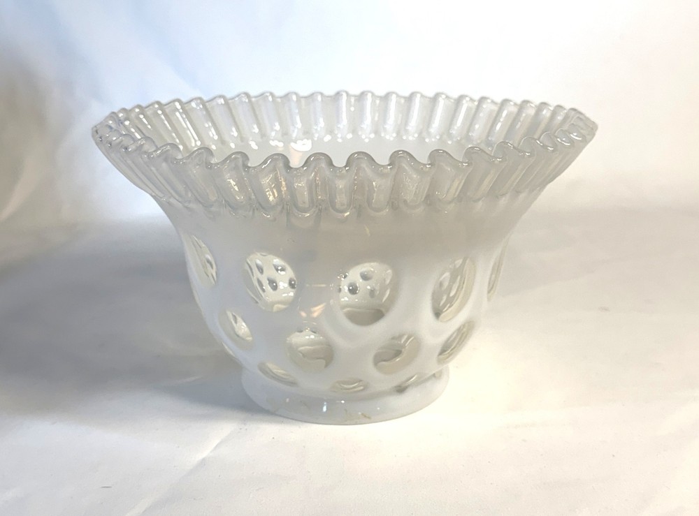 Fenton White Opalescent Coin Dot Glass Ruffled 4” Fitter Lamp Light Shade Great