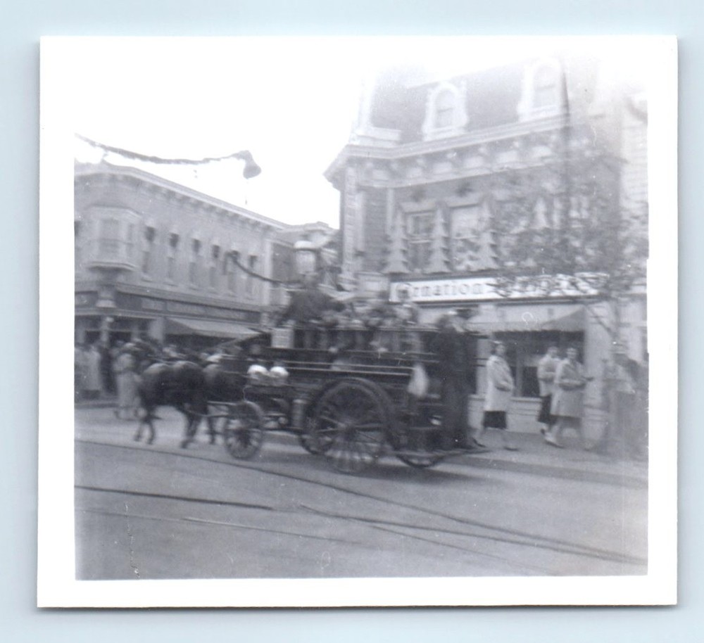 Old Vintage Square Photo HORSE DRAWN FIRE ENGINE LADDER TRUCK SNAPSHOT PIC