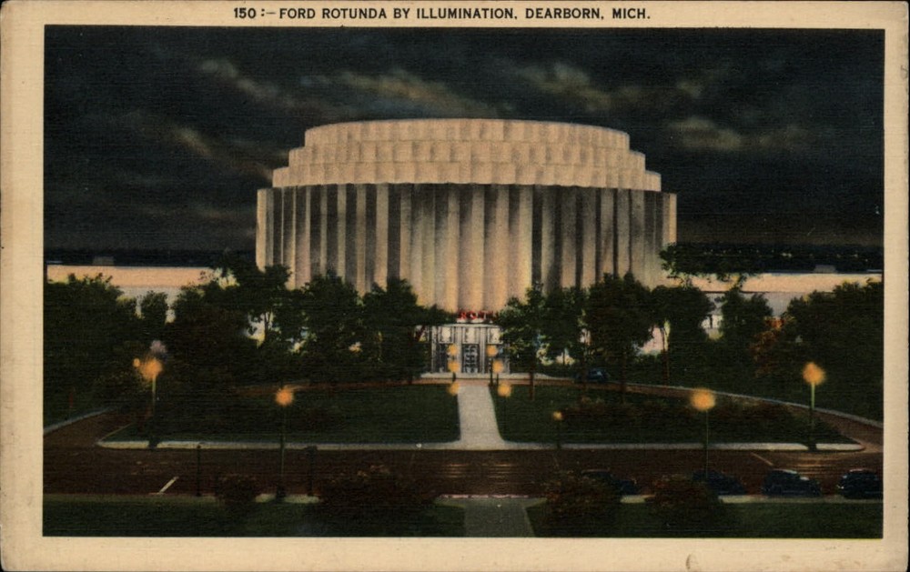 Michigan Dearborn Ford Rotunda night illuminated ~ 1930s linen postcard ~ s0171