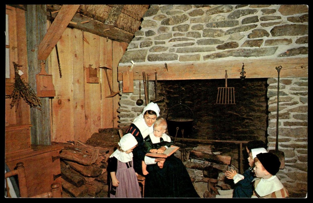Plimoth Plantation Pilgrim Bible Story Hour MA Vintage Postcard 1950s
