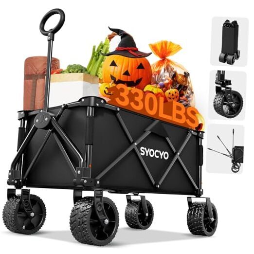 Collapsible Foldable Wagon Cart, Heavy Duty Folding Wagon with 330lbs Black