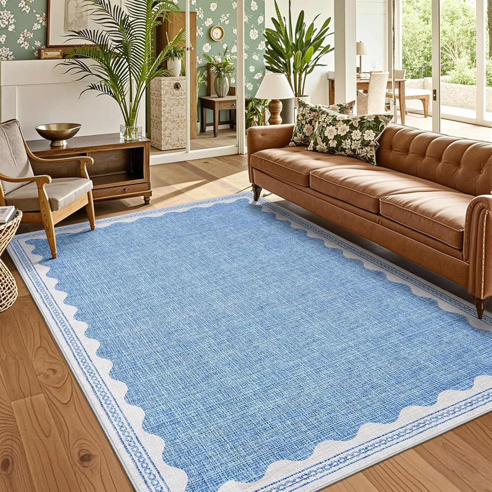5X7 Rug for Living Room, Scalloped 5 X 7 Area Rugs Washable Non-Slip Solid Blue
