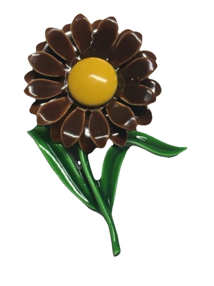 Vintage Enamel Brooch Pin Flower Brown And Yellow