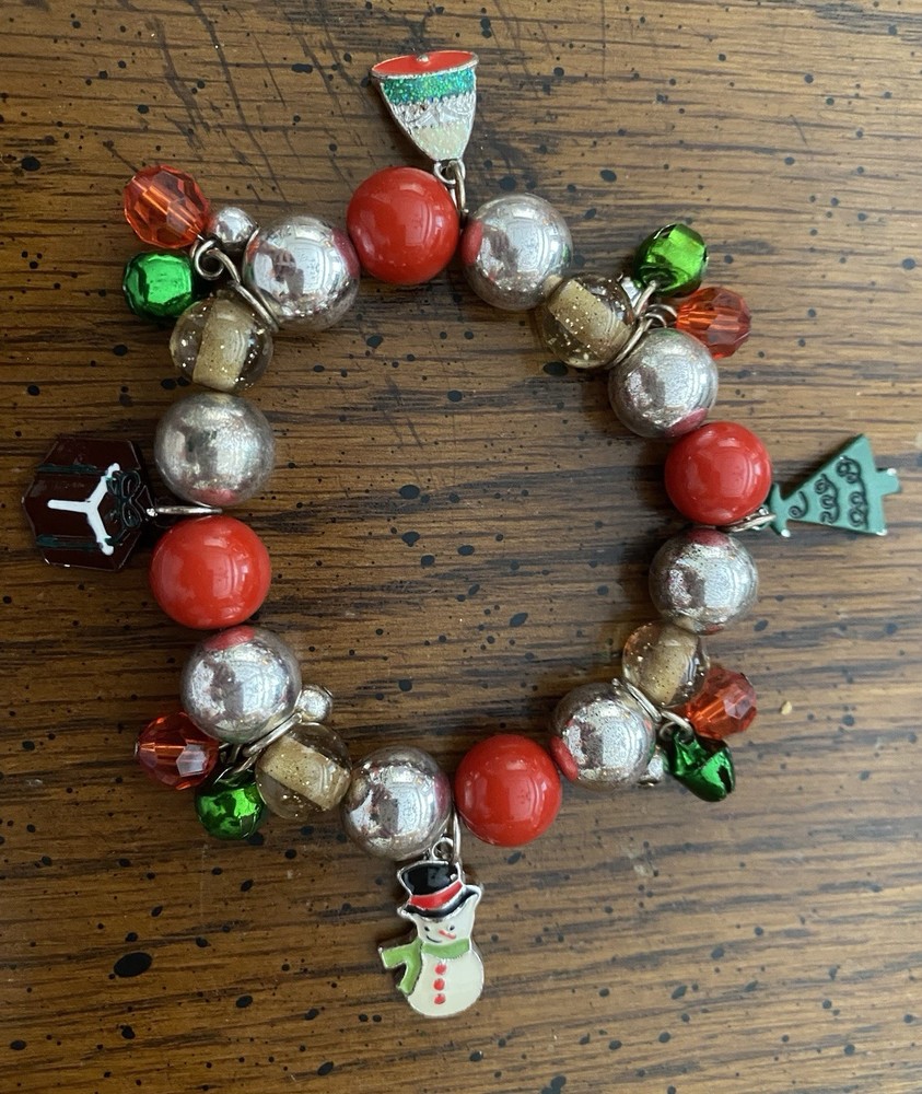Silver Tone Elastic Christmas Holiday Charm Bracelet Bells Beads Tree Snowman