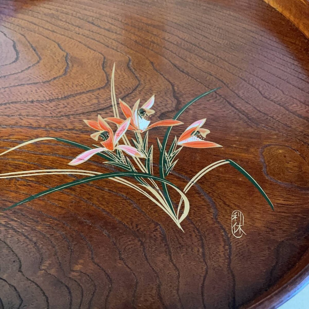 Wooden Tray Wooden Lacquerware Natural Wood Craft Round Tray Floral Pattern