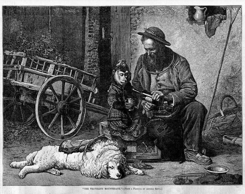 STREET PERFORMER WITH HIS MONKEY AND DOG DRINKING WINE