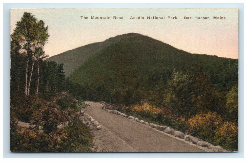 Hand Colored Postcard Acadia National Park Mountain Road Bar Harbor ME Maine-image