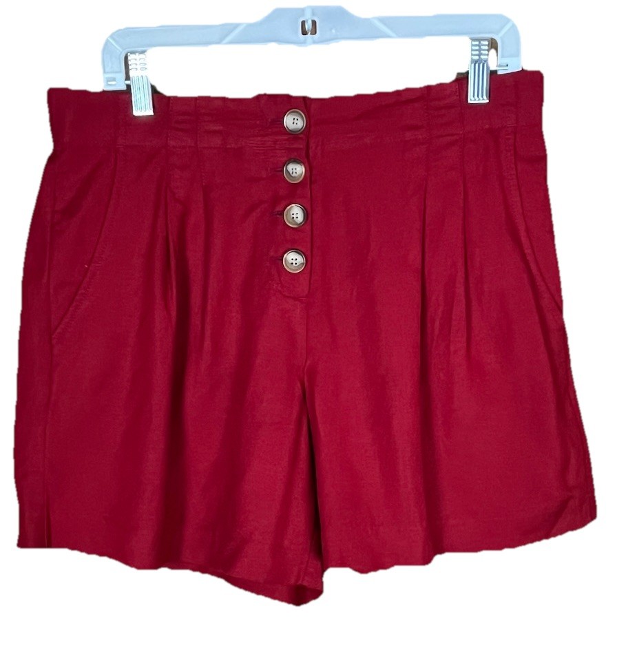 Ann Taylor LOFT (Sz M) Red Shorts Linen Rayon High Rise Button Fly Pleated