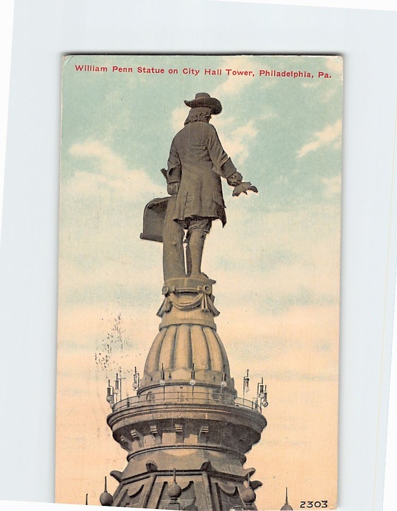 Postcard William Penn Statue on City Hall Tower Philadelphia Pennsylvania USA