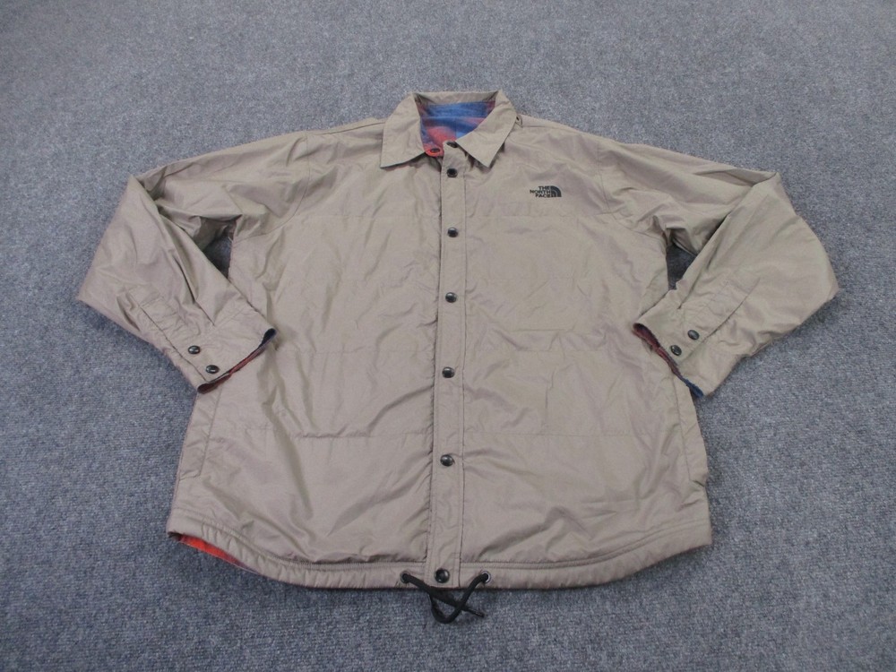 North Face Reversible Puffer Jacket for Men in Red Blue Flannel Snap Design for Hiking Outdoors